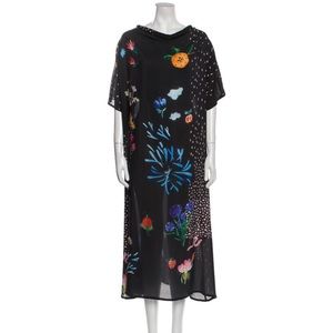 Anntian black silk floral column dress with bateau neck one size